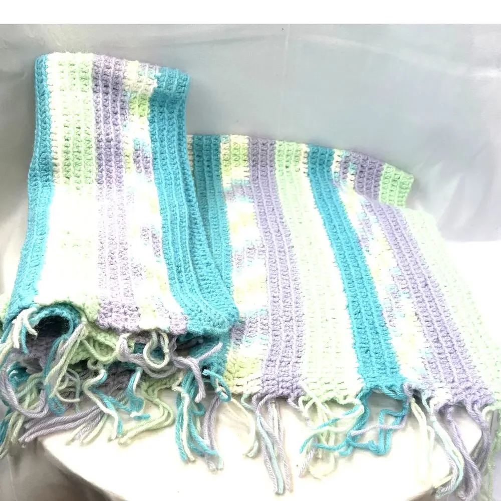 SKU2702 Handmade Baby Afghan Blanket 36x36 Purple Teal Green White Crochet